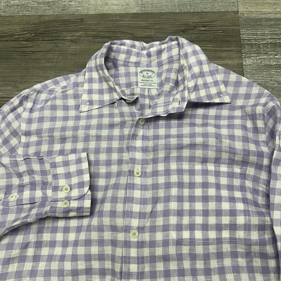 Brooks Brothers Purple White Gingham Mens M Regent Fit Linen Button Up Shirt EUC - Picture 1 of 8